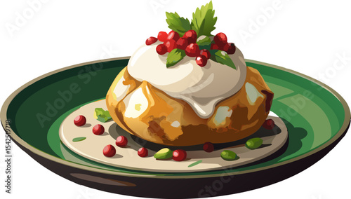 Dahi puri topped with curd, tamarind chutney, and pomegranate, isolated on white background