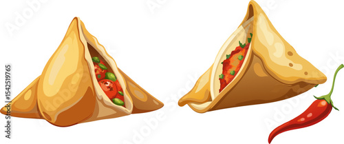 Hot samosa cut open showing spicy potato filling, isolated on white background