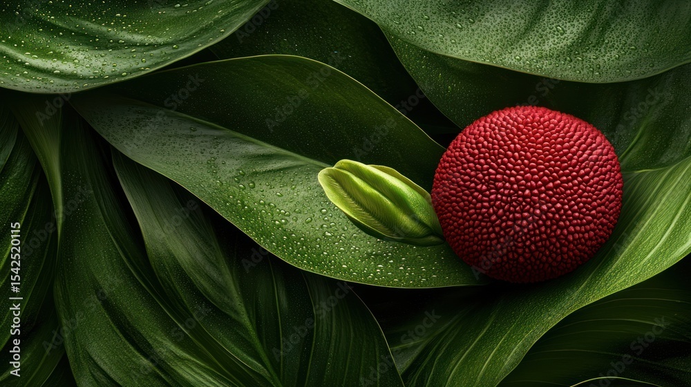 Obraz premium Deep green leaves frame a vibrant red sphere