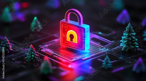 Cyber Security Padlock on Circuit Board, Festive Background