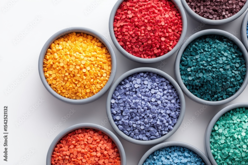 Colored masterbatch granules in a cup against a white backdrop polymer carriers for pigments in plastics Colored masterbatch granules in a cup against a white backdrop polymer carriers for pigments in plastics
