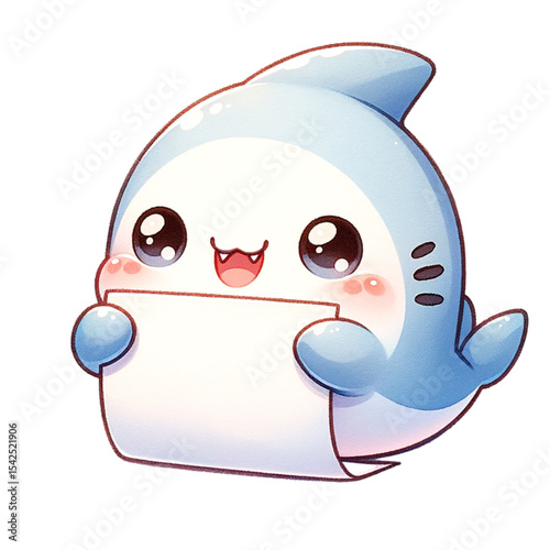 Playful shark holding a sign: A cute, cartoon shark holds up a blank sign, its friendly eyes and toothy grin inviting viewers to imagine a world of possibilities. Embodying innocence.