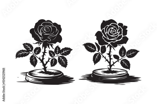 Rose Flower Silhouette with Leaves and Stem in Pot Vector Art