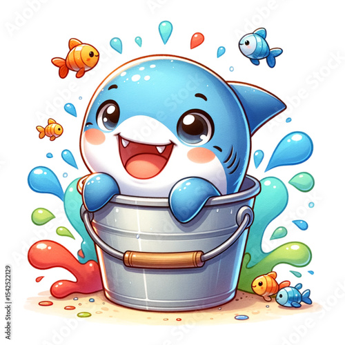 Aquatic Fun: A charming cartoon shark splashes with glee in a bucket of water, surrounded by cheerful fish, creating a whimsical scene of underwater adventure.