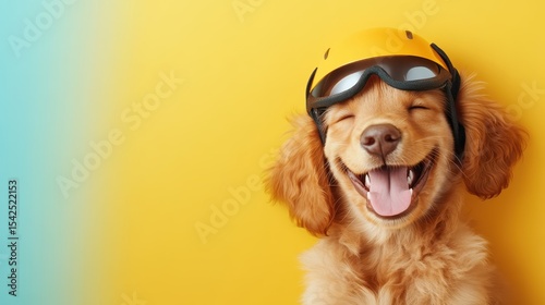 A cheerful golden retriever wearing a yellow helmet, smiling widely against a vibrant backdrop, embodying joy and playful spirit in a fun and safe environment.
