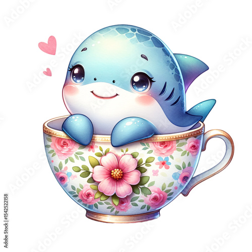 Shark in a Teacup: A charming, cartoon shark with endearing expressions, is nestled in a floral-patterned teacup. With hearts floating, the illustration sparks joy and invites an emotional connection.