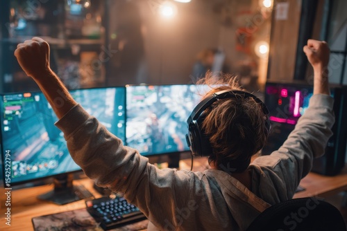 Young adult male gamer triumphs in an online PC tournament streaming competitive gameplay and celebrating his victory in a shooting game