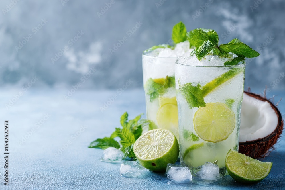 Fototapeta premium Tropical non alcoholic summer drink featuring a sweet coconut mojito or lemonade with coconut lime mint and sweet syrup plus optional rum