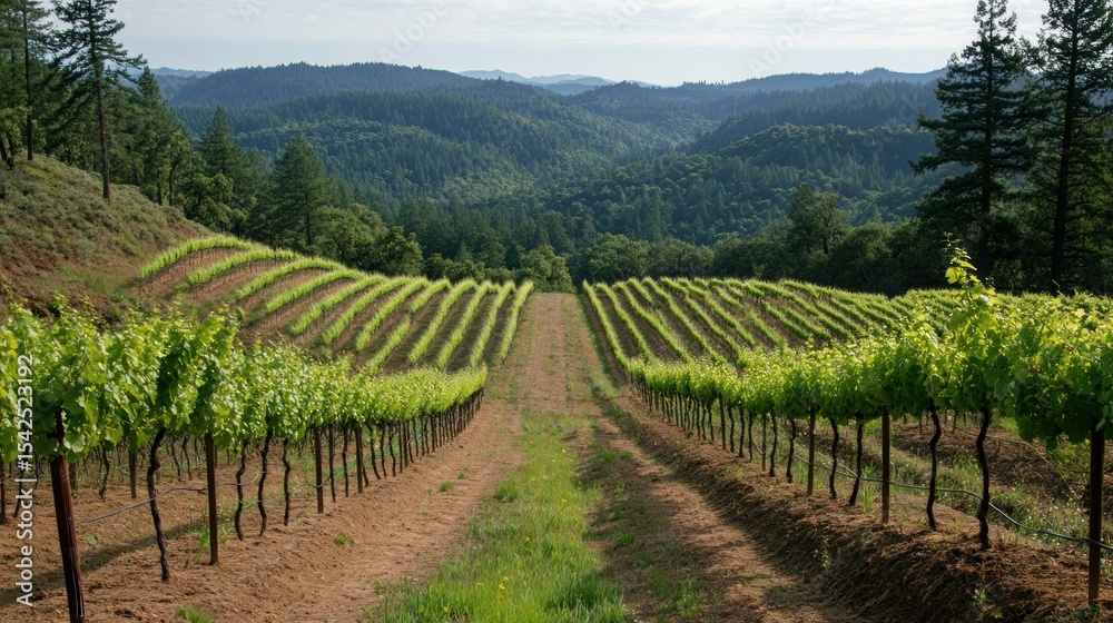 Fototapeta premium Lush vineyard rows stretch towards a distant mountain range