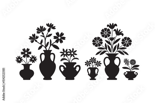 Silhouette Flower Vase Icon Set Decorative Floral Pot Vector Collection
