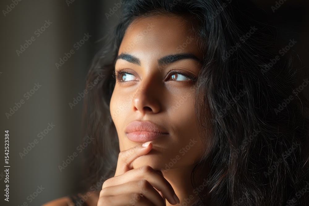 Thoughtful young Arab woman gazes into the distance reflecting on life s challenges Thoughtful young Arab woman gazes into the distance reflecting on life s challenges