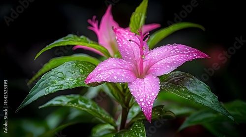 Pink flower, rain droplets, garden, dark background, botanical