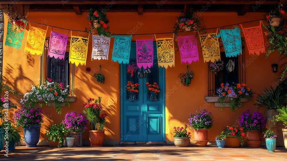 Vibrant Mexican Courtyard with Papel Picado Decorations and Colorful Flower Pots