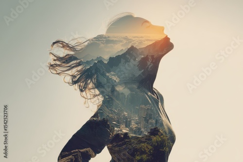 Woman on a mountain rejoicing while gazing at the sky releasing mental fears Concept of hope and resilience double exposure
