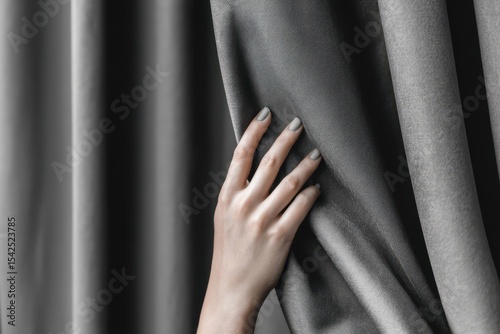 The woman pulls back the gray curtain