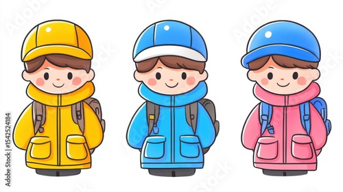 Cute Cartoon Children in Colorful Raincoats Ready for Outdoor Adventures