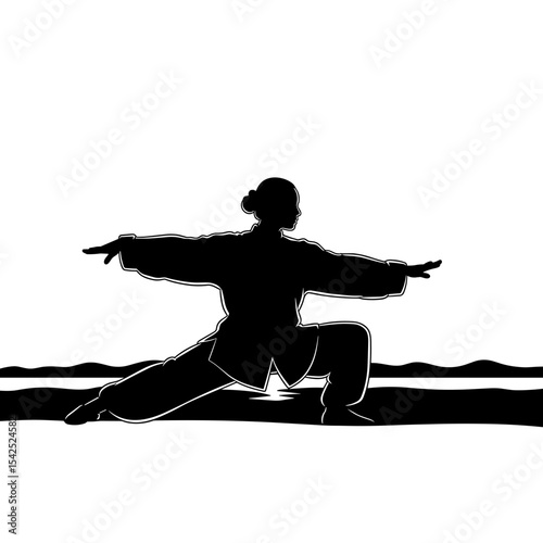 Silhouette of a person practicing Qigong in a stable position for energy and balance