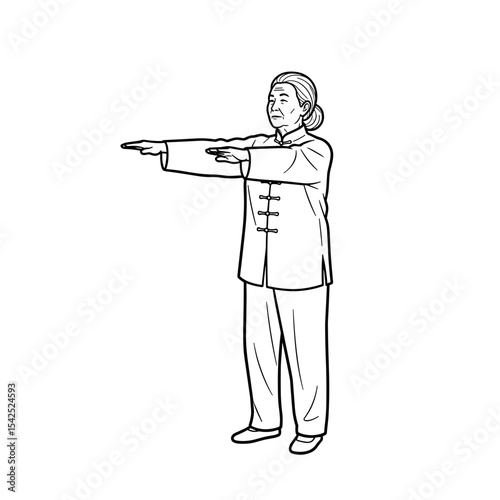 Older woman practicing Qigong with arms extended in a calm and focused posture