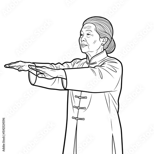 Older woman practicing Qigong with arms extended for calmness and energy flow