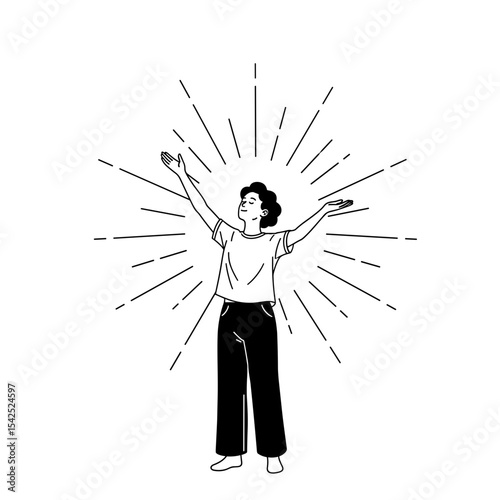 Person expressing joy and energy with arms raised in a Qigong practice