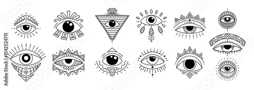 Evil doodle eye. Hand drawn magic witchcraft eye talisman, magical esoteric eyes, religion sacred geometry symbols vector illustration icons set. Amulet talisman, various luck souvenir design