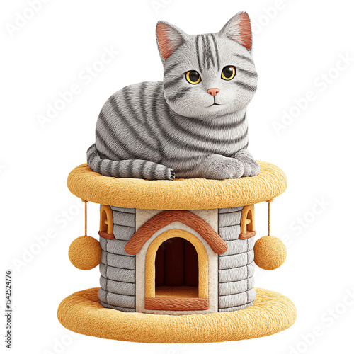 3d cat resting concept cute cat on cozy cat house, cartoon tabby cat resting scene, adorable pet home 3d illustration adorable cartoon pet house cute tabby on cozy shelter