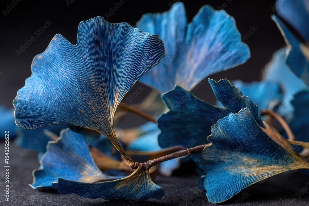 Fototapeta premium Detailed view of a Ginkgo Biloba tree Blue leaves against a dark backdrop Autumn theme Close up of Ginkgo leaf Medicinal plant traditional Chinese remedy