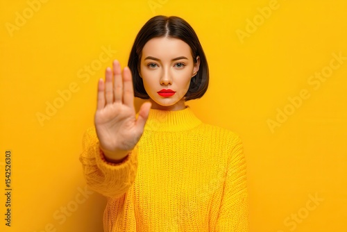 Woman signaling stop with hand against a yellow backdrop