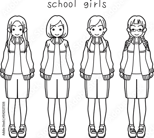 ジャージ姿の女子高生4人組線画