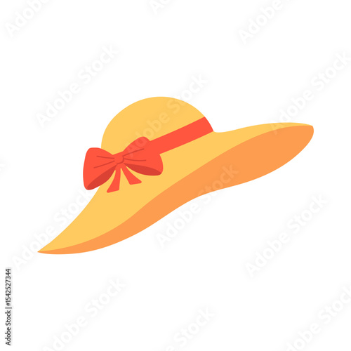 Flat vector cartoon illustration of a wide-brimmed beach hat with a red bow. For summer, vacation, beach, card and feminine fashion design. Isolated on white background.