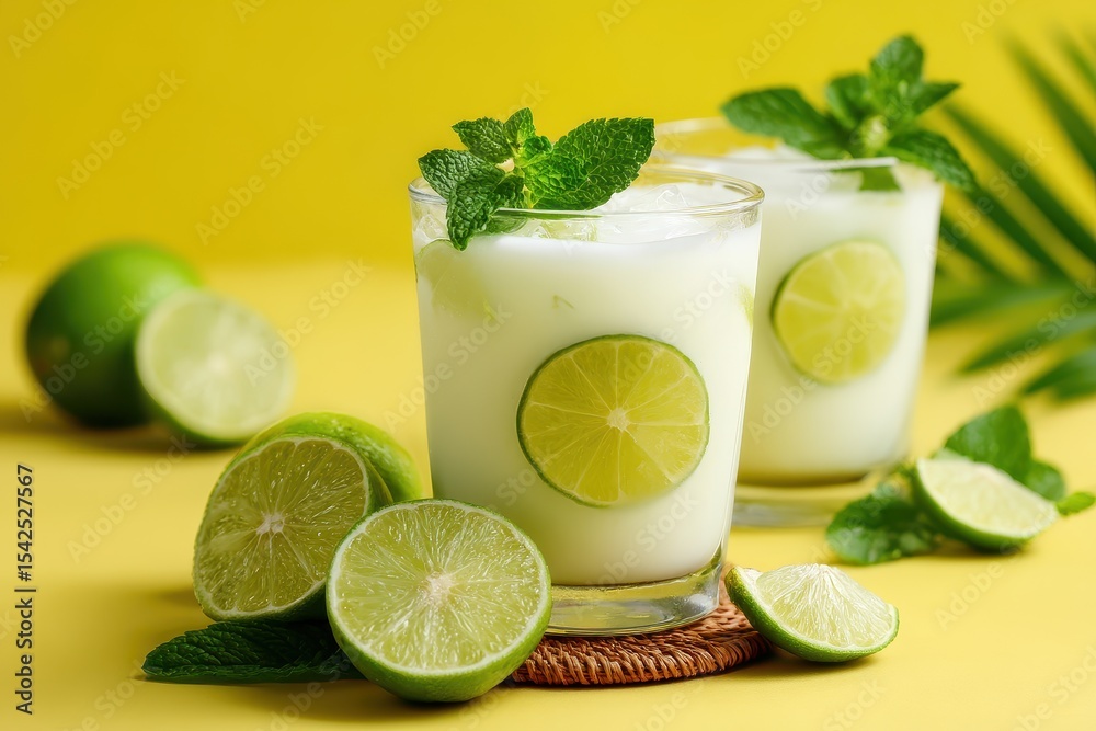 Fototapeta premium Zesty lemonade or limeade with lime slices and mint on a vibrant backdrop