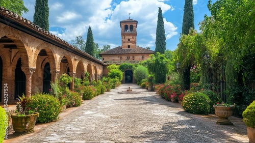The Generalife Gardens, Alhambra Palace, Granada, Spain beautiful garden view on a bright sunny day