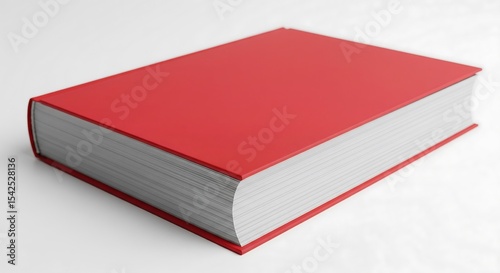 A red, hardback book rests on a white surface. The book is closed and thick, showing its many pages. Simple, clean background.