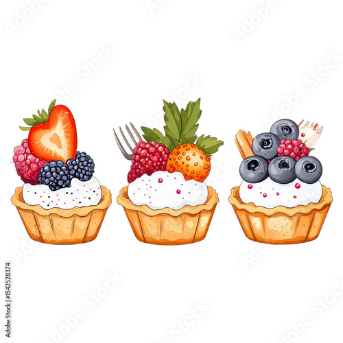 Delicious Fruit Tarts with Berries and Cream on a White Background