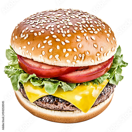 Freshly Made Cheeseburger with Lettuce and Tomato on White Background