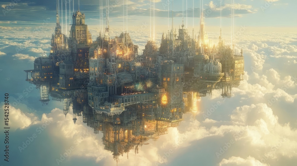Fototapeta premium 3d rendering Floating Cityscape: Epic Fantasy Architecture in the Clouds AI Generative