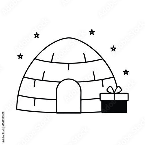 Charming winter scene illustration featuring an igloo adorned with twinkling lights and festively wrapped presents near a snowy landscape