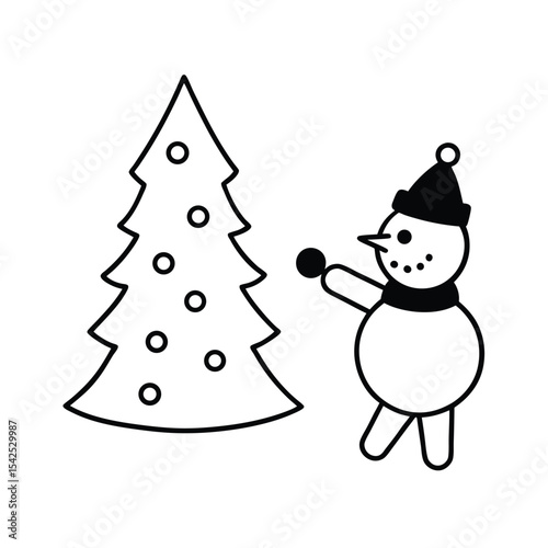Adorable snowman cheerfully decorating a christmas tree with colorful ornaments
