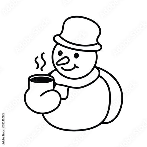 Adorable snowman character joyfully sipping hot cocoa in a winter wonderland setting