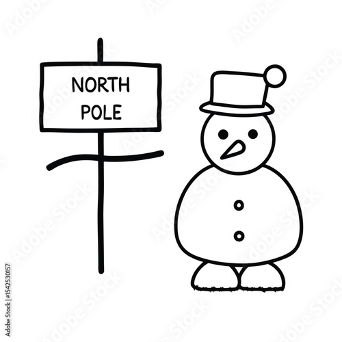 Cheerful snowman standing beside a classic north pole sign a festive winter illustration