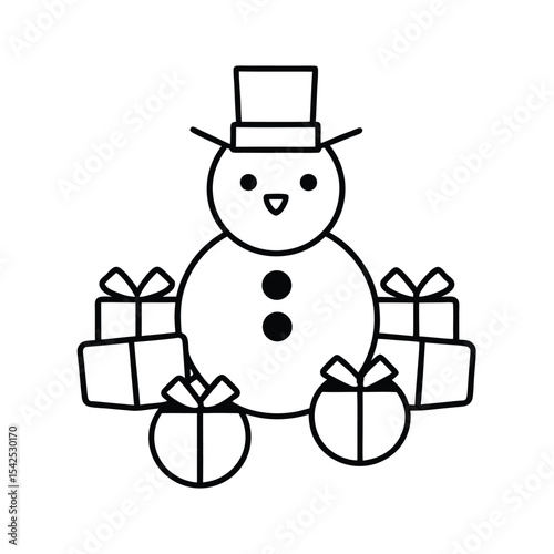 Cheerful snowman surrounded by colorful wrapped gifts perfect for winter holiday greeting cards or festive decorations