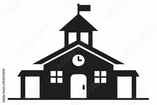 Black Silhouette Icon Simple School Building Clock Flag