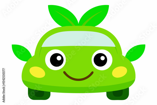 Bright Green Cartoon Car with Leaves Smiling Face anthropomorphic car