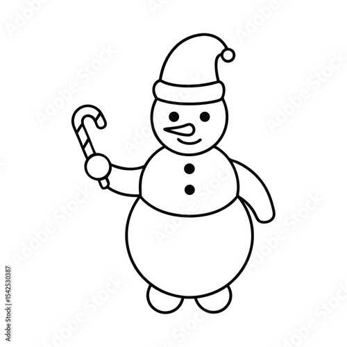 Cheerful snowman wearing a santa hat and holding a candy cane festive winter holiday illustration