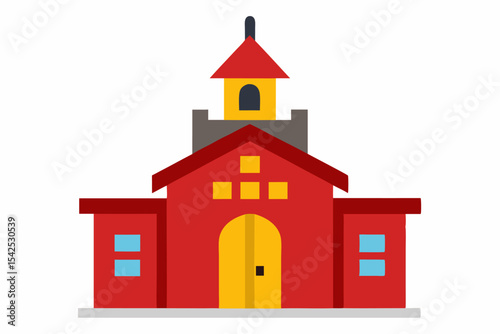 Red Cartoon Building Yellow Door Gray Tower house