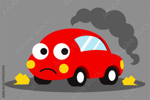 Sad Red Cartoon Car Broken Down Smoke Exhaust vector