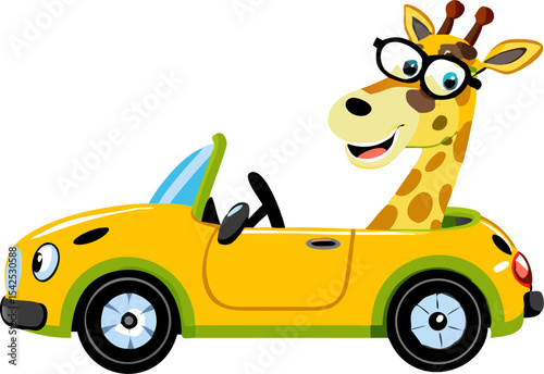 Smiling Giraffe in Yellow Convertible Car Wearing Glasses