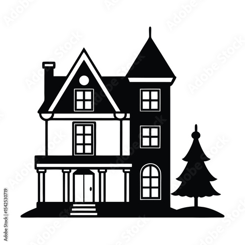 Charming victorian style house with a christmas tree visible through a festive window