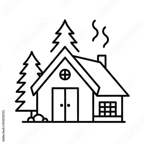 Cozy rustic cabin in a winter woodland setting with smoke rising from its chimney