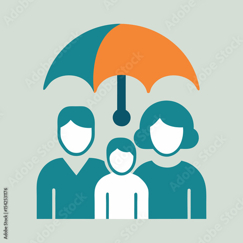 Parents day Secure Family Unit Icon Parents Child Under Umbrella Protection. This comforting vector icon depicts a family of three, including parents and a child, sheltered under an umbrella.